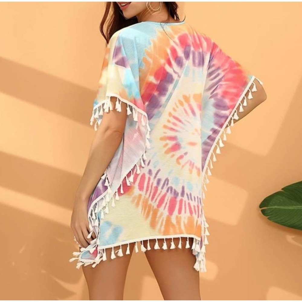 Jess Lea Tie Dye Beach Dress Cover Up Size M Pool Chic Boho Tassel Mini Vibrant